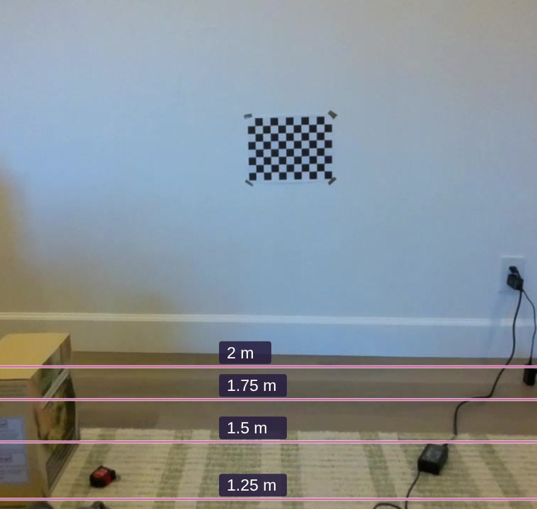 Drone camera view of a wall with a checkerboard, and lines on the floor marking 1.25 to 2 metres